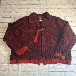Vintage Produce Company Red and Black Floral Burnout Jacket. Size XL